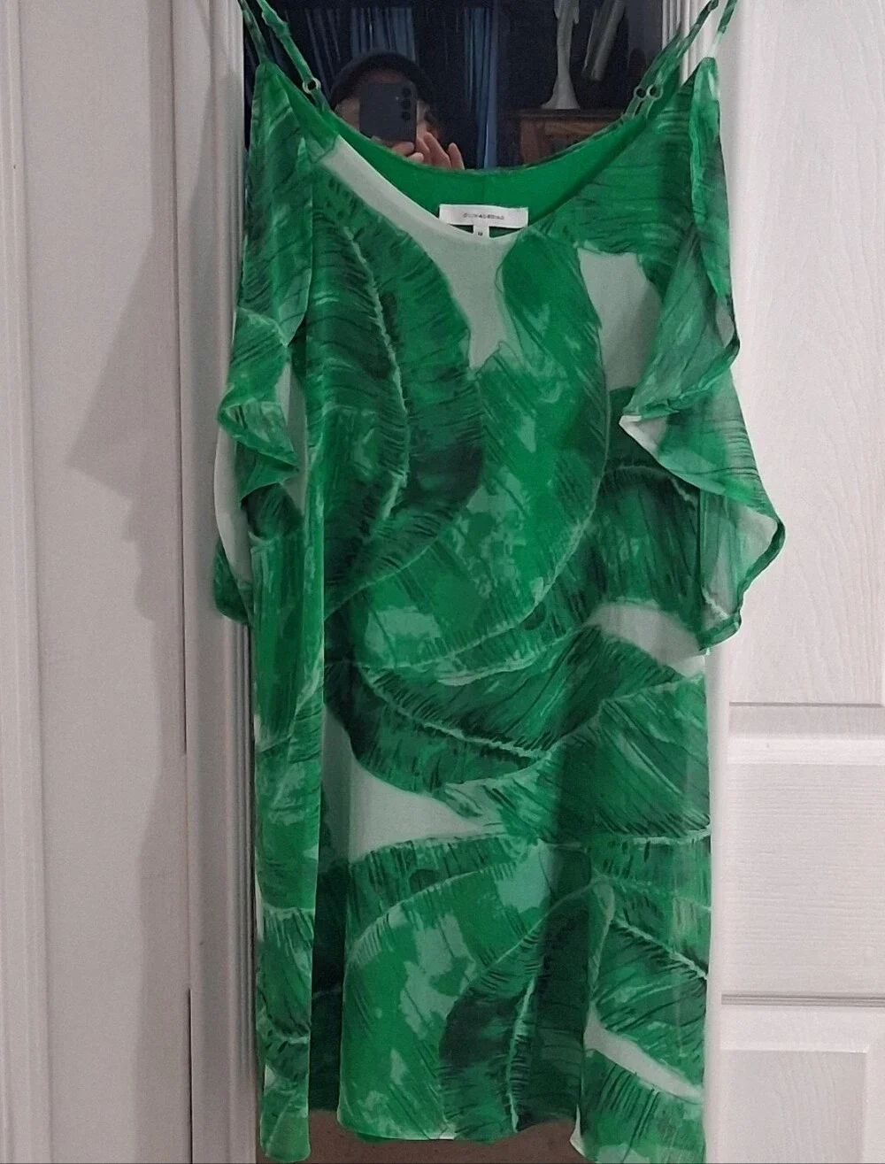 Olivacious Tropical Mini Dress With A Ruffled Cold Shoulder Hanging Sleeve